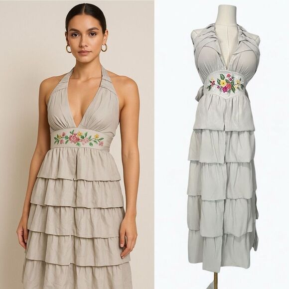 Vaprio Stile SRL Silk Halter Dress Italy Tiered Embroidery Sz S Boho Romantic - Picture 1 of 10